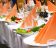 Catering food at a wedding party gedekte tafel met oranje servet